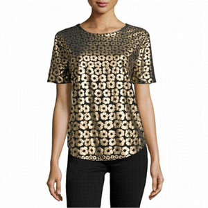 Equipment-Riley Metallic Floral-Print Tee, True Black/Gold